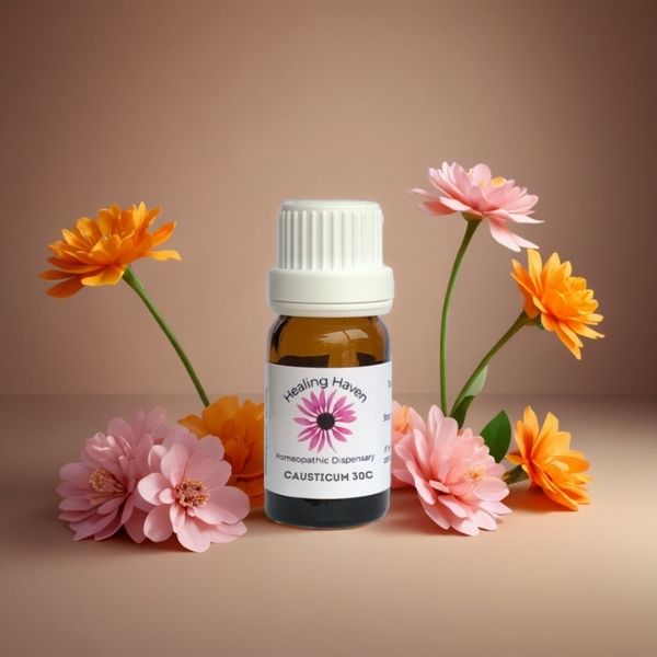 Causticum homeopathic remedy in a choice of delivery methods: labelled bottle of pillules, liquid drops, or spray.