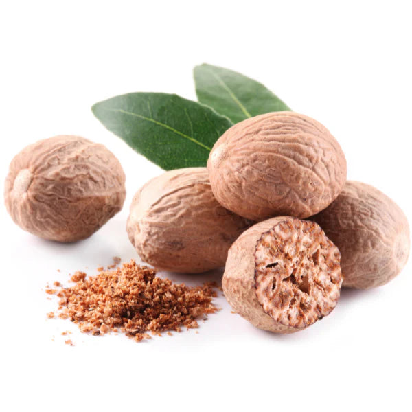 Nux moschata homeopathy. Whole nutmeg fruits with a cracked nutmeg and ground powder.