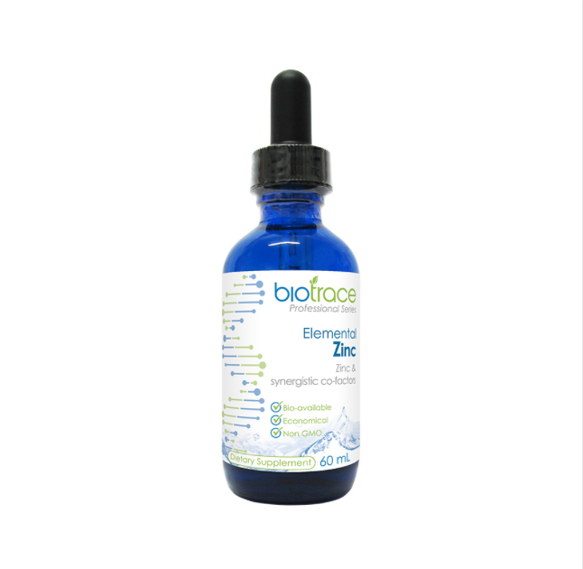 BioTrace Elemental Zinc concentrate in a 60ml glass bottle with detailed labels featuring dietary supplement and trace element contents