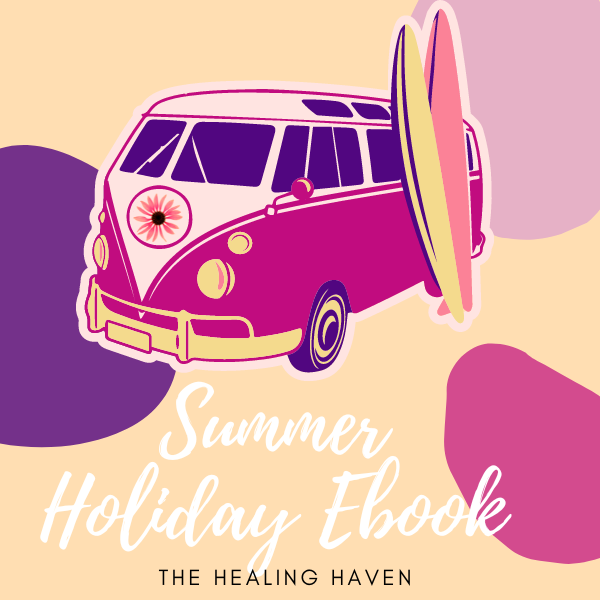 Digital ebook cover titled Summer Holiday Remedies, highlighting essential homeopathy remedies for the warm season