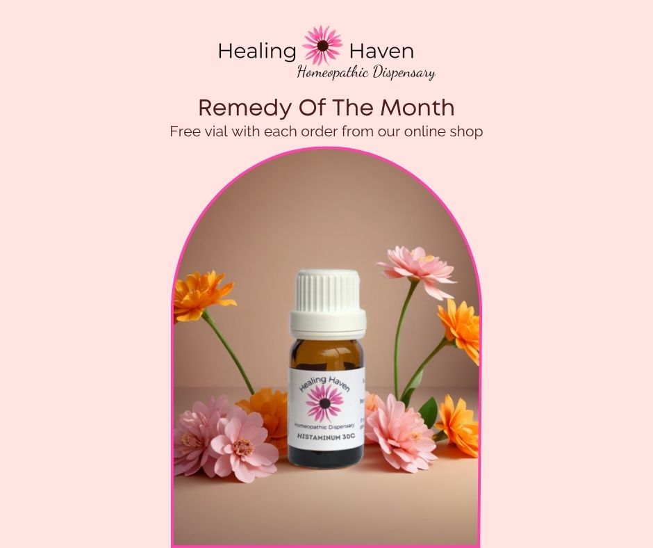 Healing Haven Homopathic Dispensary 'Remedy Of The Month' promotional graphic featuring a small amber glass bottle with a white cap and label, showing the homeopathic remedy histaminum 30c