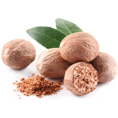Nux moschata homeopathy. Whole nutmeg fruits with a cracked nutmeg and ground powder.