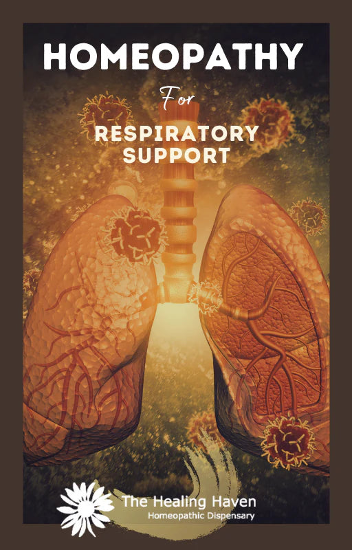 Digital cover of the Homeopathy for Respiratory Support ebook featuring title and subtle homeopathic design elements