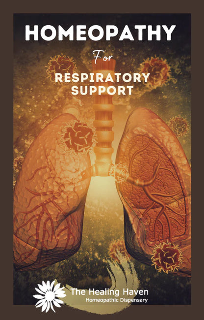 Digital cover of the Homeopathy for Respiratory Support ebook featuring title and subtle homeopathic design elements