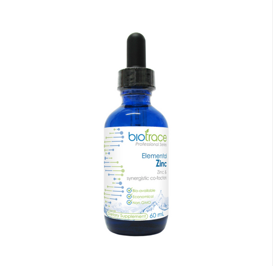 BioTrace Elemental Zinc concentrate in a 60ml glass bottle with detailed labels featuring dietary supplement and trace element contents